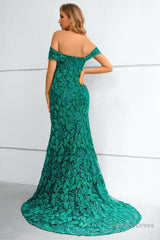 Dark Green Off The Shoulder Mermaid Prom Dress With Appliques