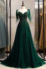 A-Line Spaghetti Straps Dark Green Prom Dresses with Beading