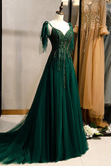 A-Line Spaghetti Straps Dark Green Prom Dresses with Beading