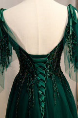 A-Line Spaghetti Straps Dark Green Prom Dresses with Beading