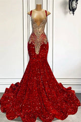 Red Sequins Mermaid Prom Dress Sleeveless With Crystal