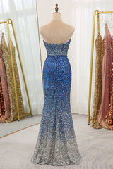 Sparkly Ombre Blue Mermaid Strapless Long Sequin Prom Dresses