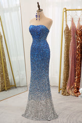 Sparkly Ombre Blue Mermaid Strapless Long Sequin Prom Dresses