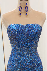 Sparkly Ombre Blue Mermaid Strapless Long Sequin Prom Dresses