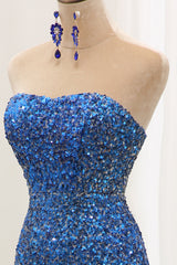 Sparkly Ombre Blue Mermaid Strapless Long Sequin Prom Dresses