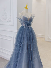 A Line Tulle Sweetheart Off the Shoulder Beads Open Back Prom Dresses