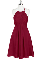 Cute Halter Burgundy Chiffon Knee Length Bridesmaid Dresses