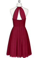 Cute Halter Burgundy Chiffon Knee Length Bridesmaid Dresses