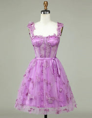 Cute Purple A-Line Lace Up Tulle Homecoming Dresses With Appliques