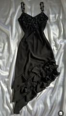 ब्लैक विंटेज स्पेगेटी स्ट्रैप्स शिफॉन एप्लाइक्स फ्लावर प्रोम ड्रेस