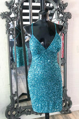 Turquoise Sequins Straps Bodycon Mini Party Dresses