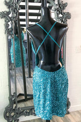 Turquoise Sequins Straps Bodycon Mini Party Dresses