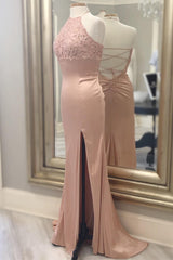 Blush Halter Mermaid Long Evening Dresses