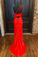 One Shoulder Red Mermaid Long Prom Dress with Slit