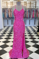 Spaghetti Straps Pink Sequin Mermaid Long Dresses