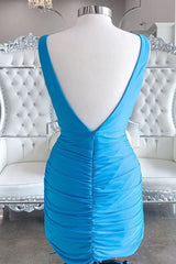 Simple Blue V Neck Bodycon Mini Dresses