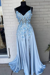 Light Blue A-line 3D Flowers Satin Long Prom Dresses