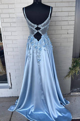 Light Blue A-line 3D Flowers Satin Long Prom Dresses