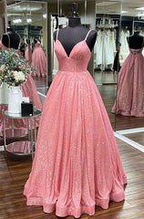 Pink Sequin Empire A-line Long Prom Dresses