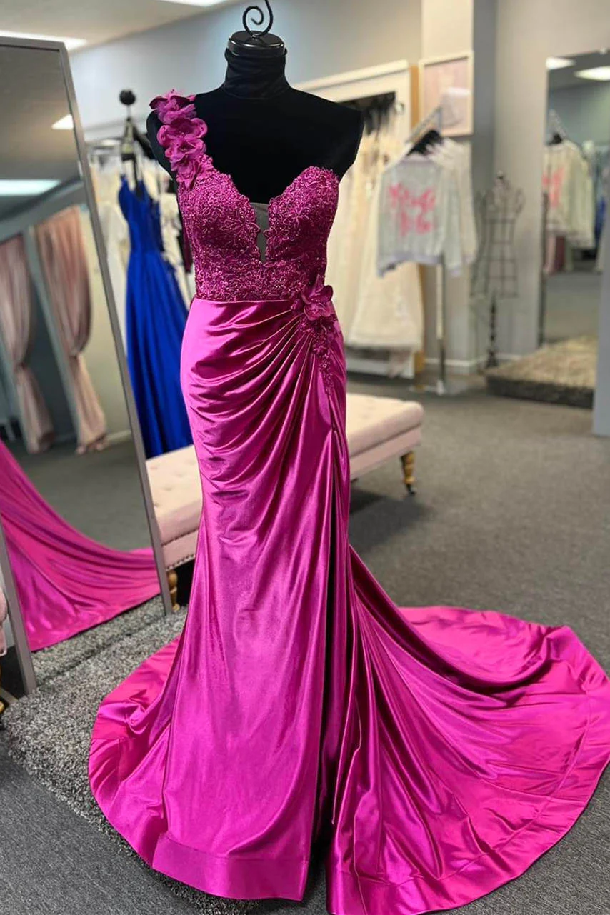 Fuchsia One Shoulder Ruched Mermaid Long Prom Dress with 3D Flowers