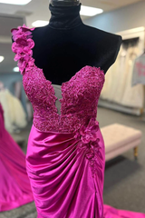Fuchsia One Shoulder Ruched Mermaid Long Prom Dress with 3D Flowers