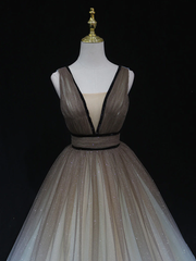 Glitter A-Line V Neck Tulle Long Prom Dress Tulle Long Formal Party Dress