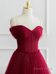 Burgundy A-line Off Shoulder Tulle Shiny Long Prom Dress