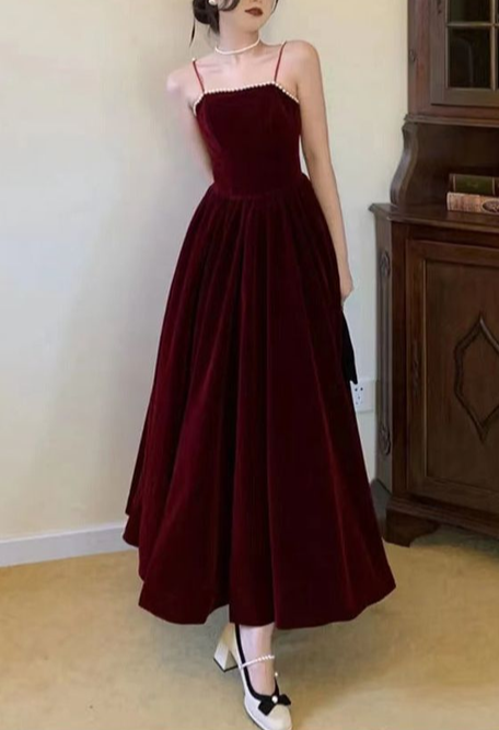 Burgundy A-Line Spaghetti Straps Elegant Long Prom Dress Formal Party Dress