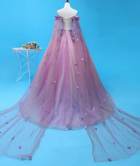 Light Purple Tulle Long Sweet 16 Gown Flowers Quinceanera Prom Dresses