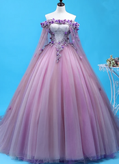 Light Purple Tulle Long Sweet 16 Gown Flowers Quinceanera Prom Dresses