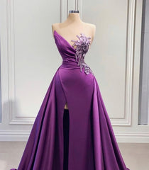 Purple Mermaid Dresses With High Slit Detachable Train Wedding Reception Dresses, Satin Lace Wedding Dresses, African Prom Dresses, Evening Dresses