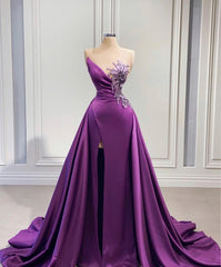 Purple Mermaid Dresses With High Slit Detachable Train Wedding Reception Dresses, Satin Lace Wedding Dresses, African Prom Dresses, Evening Dresses