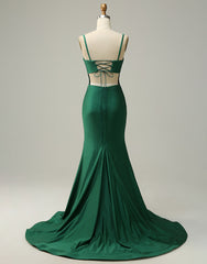 Dark Green Spaghetti Straps Corset back Prom Dresses With Split