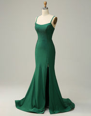 Dark Green Spaghetti Straps Corset back Prom Dresses With Split