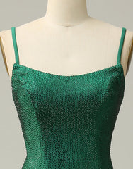 Dark Green Spaghetti Straps Corset back Prom Dresses With Split