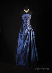 Vintage Ball Gown Strapless Navy Blue Satin Long Prom Dresses Party Dress