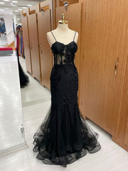 Black Mermaid Lace Long Prom Dresses, Black Lace Evening Dresses