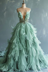 Mint Green A-line Spaghetti Strap Tulle Long Prom Dresses, Elegant Evening Dresses