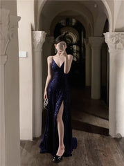 Navy Blue Spaghetti Strap A-Line V-Neck Sequined Long Prom Dresses, Adult Ceremony Graduation Evening Dresses