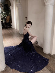 Navy Blue Spaghetti Strap A-Line V-Neck Sequined Long Prom Dresses, Adult Ceremony Graduation Evening Dresses