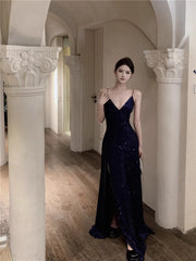 Navy Blue Spaghetti Strap A-Line V-Neck Sequined Long Prom Dresses, Adult Ceremony Graduation Evening Dresses