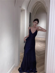 Navy Blue Spaghetti Strap A-Line V-Neck Sequined Long Prom Dresses, Adult Ceremony Graduation Evening Dresses