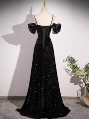 A-Line Off Shoulder Velvet Sequin Long Black Prom Dresses, Black Long Evening Dresses