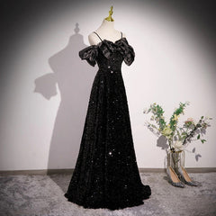 A-Line Off Shoulder Velvet Sequin Long Black Prom Dresses, Black Long Evening Dresses