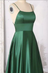 Emerald Green Prom Dresses, Strappy Back Slit Simple Satin Prom Dresses