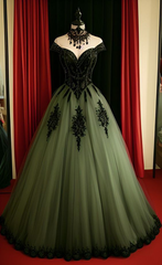 Green A-line Tulle Prom Dress Off The Shoulder Formal Evening Gown