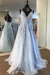 Fairy Light Blue Lace Appliques Tulle A-line Long Prom Dresses