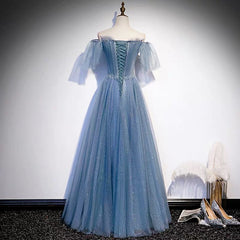 Glitter Fairytale Tulle Dusty Blue Prom Dresses