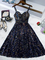 Glitter Navy Blue Sequin Short Prom Dresses