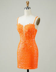 Glitter Orange Spaghetti Straps Orange Tight Sequined Homecoming Dresses